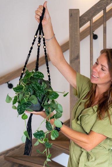 Suspension de plantes en corde noire, pot de fleurs